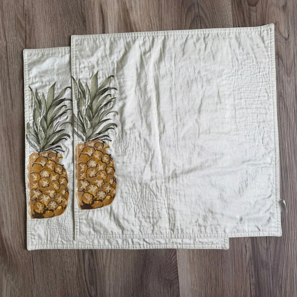Set of 4 Pineapple Embroidered Placemats Orange and Cream Tropical Decor 16x16